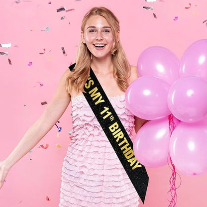 It's My 11th Birthday Sash for Boys Girls, Black Glitter Sash with Gold Foil
