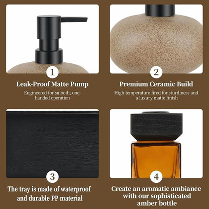 Bathroom Countertop Soap Dispensers Set, 300ml Ceramic Soap Dispenser with Amber Glass Bottle & Black Tray, Brown Ceramic Hand Soap Dispenser for Kitchen and Bathroom Counter
