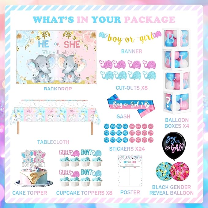 172 PCs Elephant Gender Reveal Decorations, Hombae Boy or Girl Gender Reveal Decorations What Will Baby Be Backdrop Balloon Garland Banner Tablecloth Cake Cupcake Topper Box Cutout Poster Sash