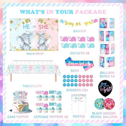 172 PCs Elephant Gender Reveal Decorations, Hombae Boy or Girl Gender Reveal Decorations What Will Baby Be Backdrop Balloon Garland Banner Tablecloth Cake Cupcake Topper Box Cutout Poster Sash