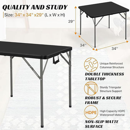 34" Square Folding Table, Portable Plastic Table No Assembly Needed, Fold-in-Half Design with Handle for Indoor Outdoor, Camping, Events, Banquets - Black