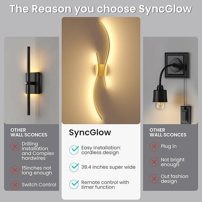 Battery Operated Wall Sconces Set of Two, 10000mAh Rechargeable Modern Wall Lights with Remote Control, Dimmable Gold LED Cordless Lighting for Living Room, Bedroom, Hallway, 39.4 Inch, 3CCT