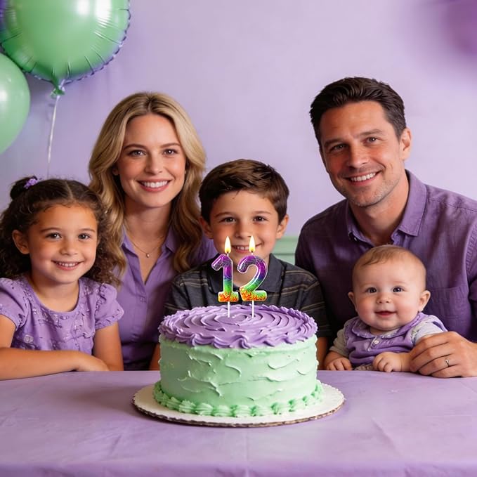 Number 2 Birthday Candle for Cake – Purple Green Flame Design with Lightning & Tire Track Pattern – Off-Road Truck Theme Cake Topper for Birthday Party Decoration