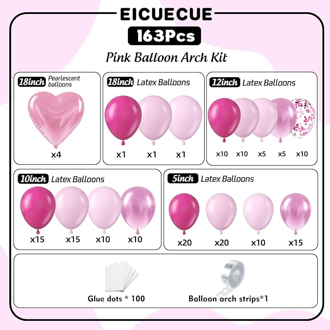 Pink Balloons Garland Arch Kit - 161Pcs Different Size Hot Pink Metallic Pink Shades of Pink and Pink Heart Balloons for Girl Birthday Baby Shower Princess Valentine's Day Party Decorations