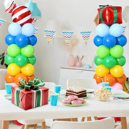 Rainbow Candy land Balloon Column Stand Kit Set of 2, 7 Feet Height Balloon Towers Set of 2 with Candy Gift Box Foil Balloons for Sweet Baby Shower Christmas Candyland Party Decorations