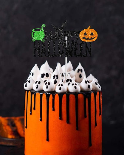 Happy Halloween Cake Topper, Halloween Party Decorations for Bat Pumpkin Medicine Jar Theme Birthday Party Supplies, Black Sparkle Happy Halloween Cake Decor
