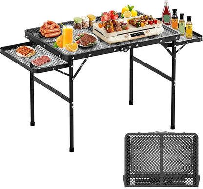 Folding Camping Table with 2 Extra Desktop, Height Adjustable Portable Grill Table, Metal Outdoor Grill Table for Outside, Camping Cooking Tables for Picnic, BBQ, 53.14 x 26.6 x 23.6 inches Large Size