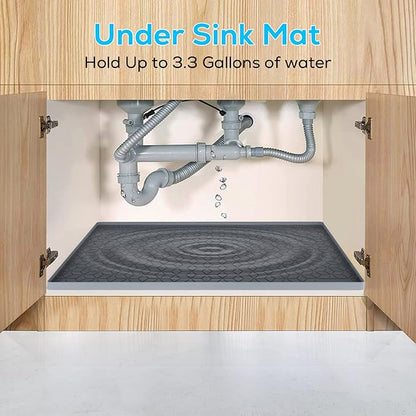 Under Sink Mat for Kitchen, Silicone Waterproof Liner, Flexible Organizer Tray with Drain Hole, 3.3 Gallons Capacity, Easy to Clean (Gray, 28x19)