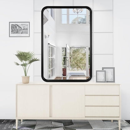 WallBeyond 24x36 Inch Wood Mirror for Bathroom, Wooden Frame Wall Mirror Farmhouse Wall Mounted Rectangle Mirror for Vanity (Horizontal/Vertical Black Color)