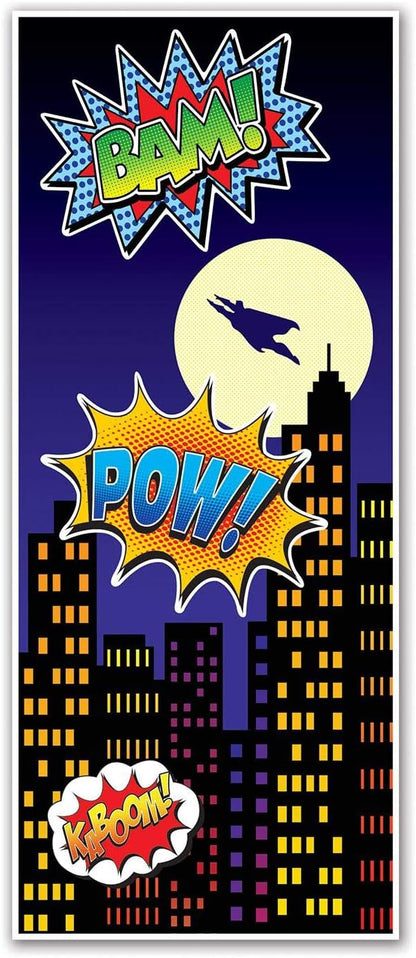 Beistle 2-Piece Hero Door Covers, Superhero Themed Party Decorations, Comic Book Hero Party Accessories, Action Hero Party Supplies, 30" x 6'