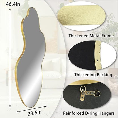 Irregular Wall Mirror, 46.5"x24" Asymmetrical Decorative Accent Mirror with Gold Metal Frame, Large Organic Shape Mirrors for Entryway Bedroom Living Room, Horizontal or Vertical Hanging