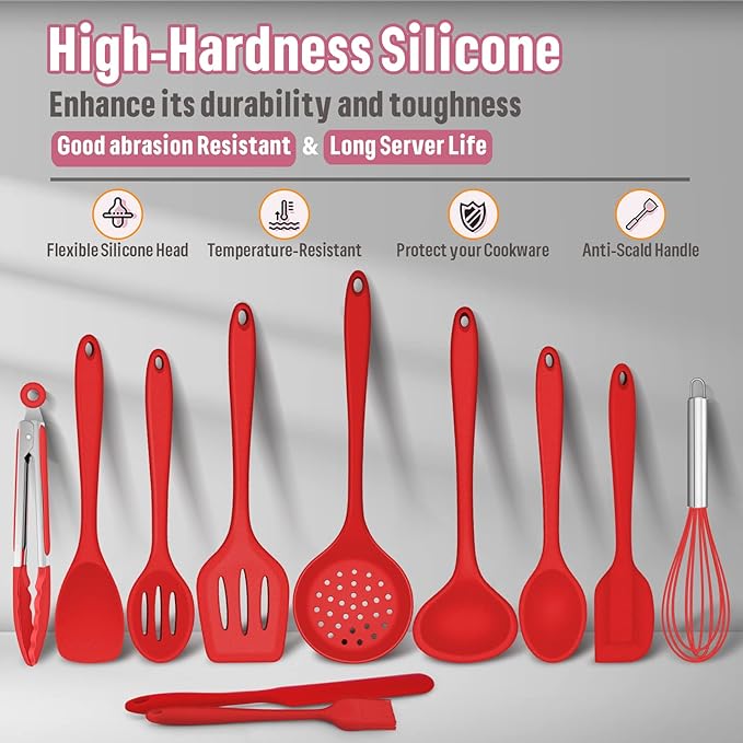 Silicone Kitchen Utensils Set, E-far 23 Pcs Red Cooking Utensils Tools with Holder for Nonstick Cookware, Include Spatula/Spoon/Ladle/Tongs/Turner, Heat Resistant & Nontoxic, Dishwasher Safe