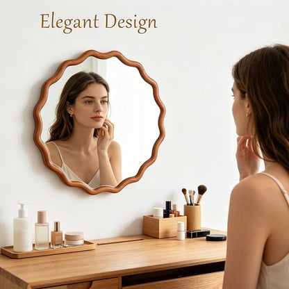 24" Wavy Edge Round Mirror, Solid Wood Framed Wall Decor with Clear Reflection for Bathroom, Bedroom, Living Room & Entryway (Yellowish-Brown)