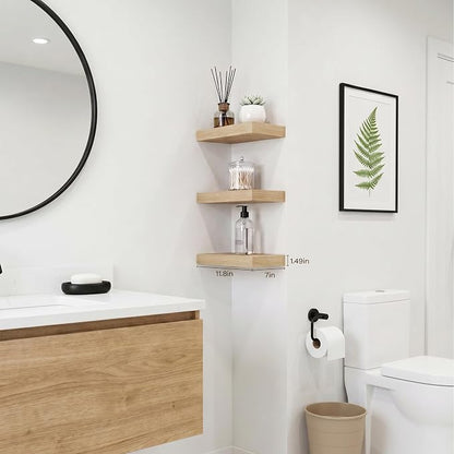 Oak Floating Shelves for Wall Set of 3, 11.8 Inch Small Wood Wall Shelves for Bathroom Over Toilet, Kitchen & Bedroom Storage, Wall Mounted Shelves for Spice Jars, Plants & Decor