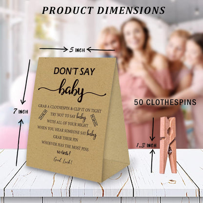 Don't Say Baby Game For Baby Shower Clothespin Game, One 5x7 Kraft Sign And 50 Natural Clothespins, Minimal Style, Gender Neutral -NDSBB01
