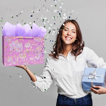Oletx 13" Gold Pink Flower Gift Party Bags Happy Birthday Gift Bag with Tissue Paper Greeting Card for Women's Birthday Party,Wedding,Anniversaries,Mother's Day