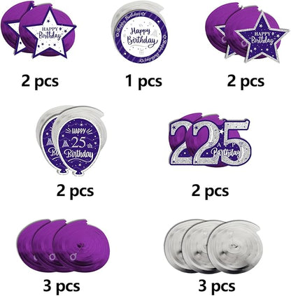 Happy 25th Birthday Purple & Silver Glitter Swirls Streamers Party Decorations - 15 Pcs 25th Birthday Hanging Swirls Streamers Kit,Perfect for 25th Bday Party Sign.
