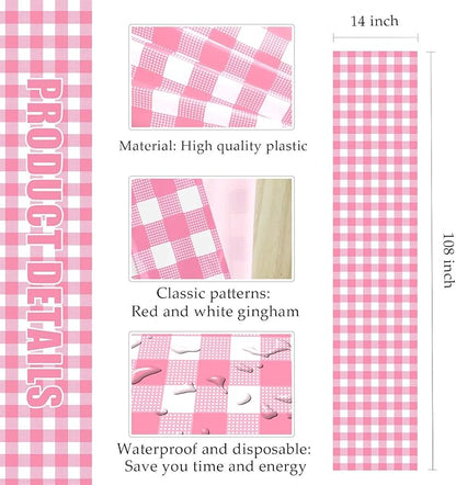 12 Pcs Hot Pink and White Checkered Table Runner Plastic 14 x 108 Disposable Hot Pink Gingham Table Runner for Birthday Wedding Baby Shower Party Table Centerpiece Decorations