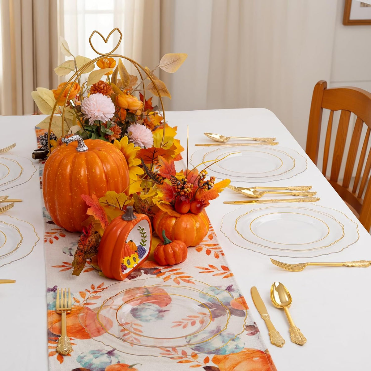 YOUBET 125PCS Thanksgiving Plastic Plates - Clear Gold Disposable Plates - 25 Guests Baroque Plastic Dinnerware Includes 25Dinner Plates, 25Dessert Plate, 75Silverware for Thanksgiving Party & Wedding