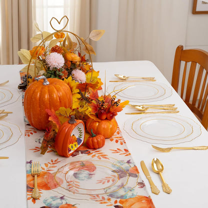 YOUBET 125PCS Thanksgiving Plastic Plates - Clear Gold Disposable Plates - 25 Guests Baroque Plastic Dinnerware Includes 25Dinner Plates, 25Dessert Plate, 75Silverware for Thanksgiving Party & Wedding
