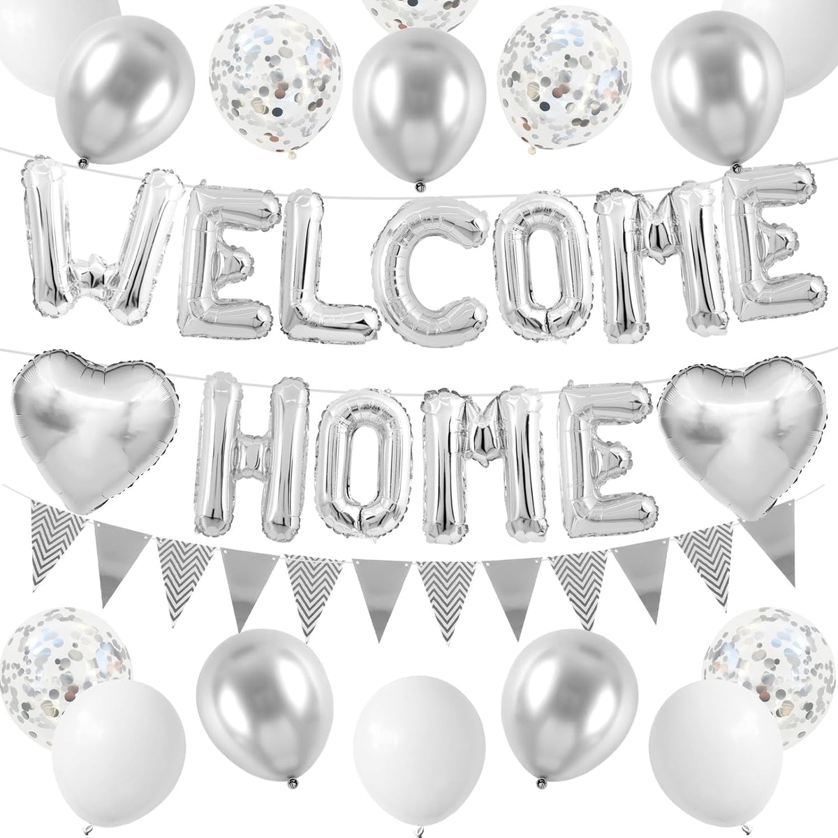 Welcome Home Decorations Silver,Welcome Home Foil Balloon Banner with Confetti Balloons,Silver Heart Balloons Pennant Flag Bunting for Housewarming Baby Shower Home Family Party Supplies