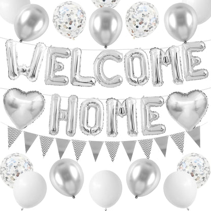 Welcome Home Decorations Silver,Welcome Home Foil Balloon Banner with Confetti Balloons,Silver Heart Balloons Pennant Flag Bunting for Housewarming Baby Shower Home Family Party Supplies