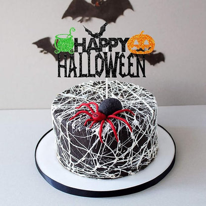 Happy Halloween Cake Topper, Halloween Party Decorations for Bat Pumpkin Medicine Jar Theme Birthday Party Supplies, Black Sparkle Happy Halloween Cake Decor