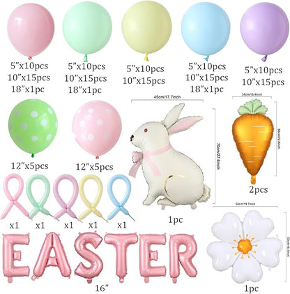 Easter Balloon Garlan Arch Kit with Bunny, Carrot, Daisy Foil Balloons,Pastel Balloon Garland Kit,Dot Printed Balloons for Easter Party Decorations Spring Birthday Decorations