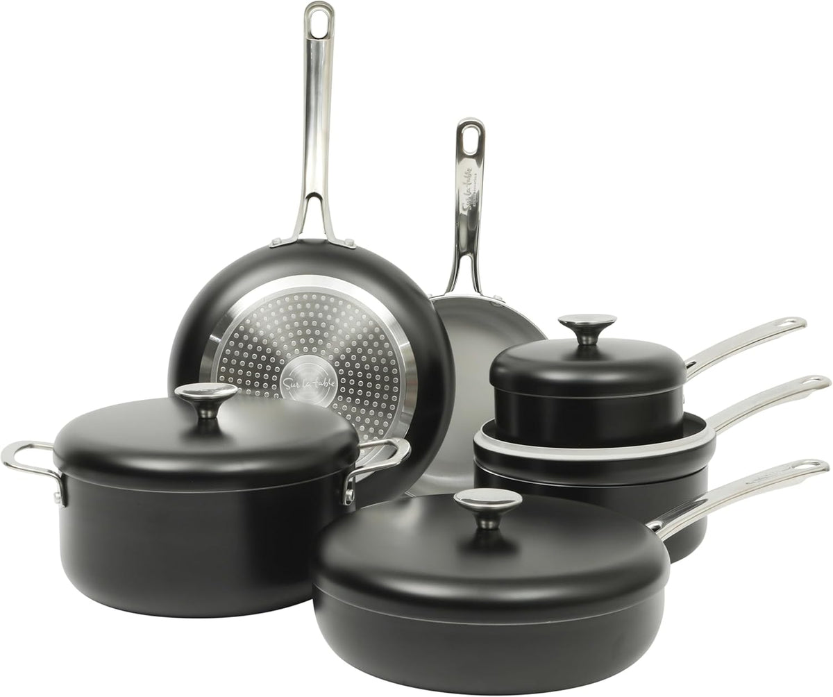 Sur La Table Kitchen Essentials Potluck Porch 10 Piece PFA Free Ceramic Non stick Interior Forged Aluminum Cookware Pots and Pans Set W/Aluminum Lids - Black - Induction Compatible