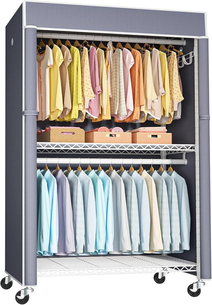 FUTASSI White Clothing Rack with Grey Cover, P1C Plus Rolling Closets with Wheels, Metal Garment Rack for Hanging Clothes, Clothing Storage Wardrobe, 46" W x 18.5" D x 80.7" H, Load 524 Pounds