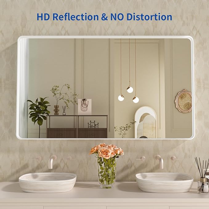 WEER White Bathroom Mirror 55X30 Inch, Rounded Rectangle White Metal Frame Mirror, Matte White Bathroom Vanity Mirror with Tempered Glass, Anti-Rust, Hangs Horizontally or Vertically