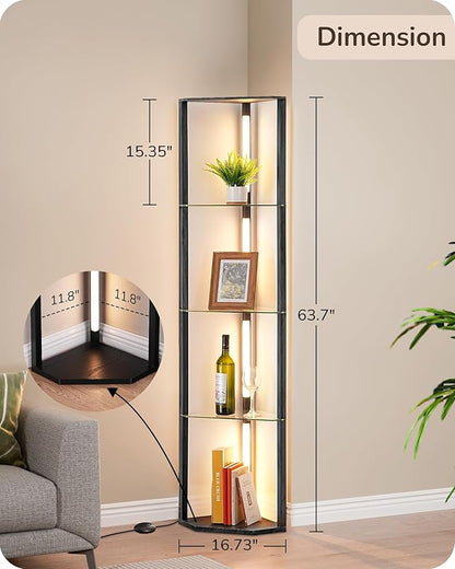 EDISHINE Floor Lamp with Shelves, 5-Tier Glass Display Shelf with Remote/Foot Control, 5CCT & Dimmable Corner Shelf Lamp, Open Display Cabinet, Floor Lamps for Living Room, Bedroom, Black