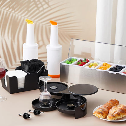 Mifoci Garnish Tray with Lid Bar Caddy 3 Tier Glass Rimmer 12 Stainless Steel Bottle Pourers 2 Plastic Juice Pour Bottles 1000 Count Cocktail Straws 3 Serving Tongs(6 Compartments,Stainless Steel)