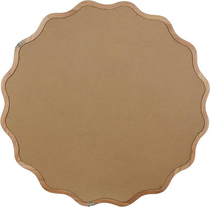 36 Inch Wooden Wavy Round Wall Mirror, Modern Solid Wood Frame Circle Decorative Accent Mirror for Bedroom, Bathroom, Living Room, Entryway, Natural Wood Color