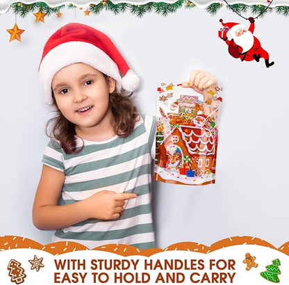 Blosssound 50 Pcs Christmas Party Gift Bags Gingerbread House Favor Bags Xmas Holiday Plastic Bags with Handle for Christmas Holiday Party Candy Guests Gift Wrapping Supplies Decor (Gingerbread House)