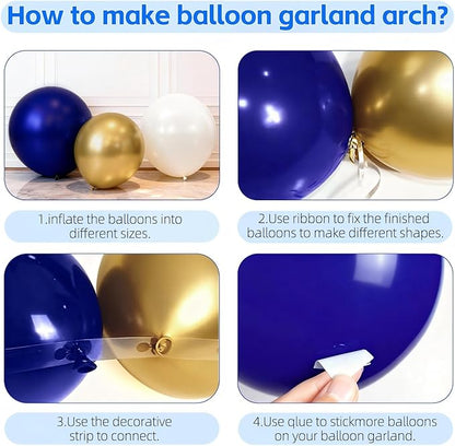 Navy Blue Gold Balloons Arch Kit, Double Stuffed Pearl White Blue Gold Chrome Balloons Garland Kit for Birthday Graduation Father's Day New Year Bridal Shower Wedding Party Decoration