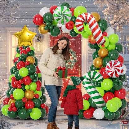 128PCS Christmas Tree Balloon Arch Garland Kit - Red Green White Gold Balloons with Candy Cane Balloons for Merry Christmas Decorations, Winter Party Supplies, Xmas Balloon Arch