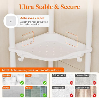 Lifewit Floor Standing Shower Caddy Corner, 4 Tier Plastic Shower Stand Rack with Adjustable Feet and Hooks, Rustproof Bathroom Shelf Organizer, White, 34 x 24 x 107 cm/13 x 9.5 x 42 inch