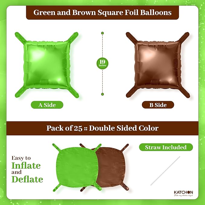 KatchOn, Green and Brown Square Foil Balloons – 19 Inch, Pack of 25 | Green and Brown Square Foil Balloons for Football Party Decoartions, Football Themed party decorations, Birthday Party Decorations