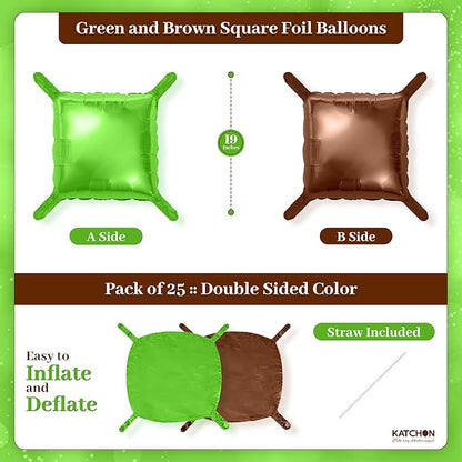 KatchOn, Green and Brown Square Foil Balloons – 19 Inch, Pack of 25 | Green and Brown Square Foil Balloons for Football Party Decoartions, Football Themed party decorations, Birthday Party Decorations