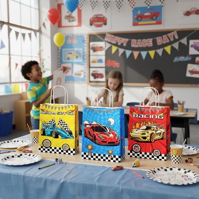 24 Pcs Racing Car Party Favor Bags with Handles - Race Car Goodie Bags Gift Bags. Checkered Two Fast Theme Candy Bags for Kids, Kraft Paper Bags for Birthday Party Supplies Decorations