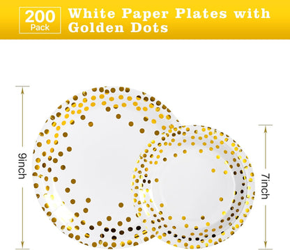 Lullaby 200PCS White Paper Plates, Disposable White and Gold Paper Plates, 100pcs Dinner Plates 9", 100pcs Dessert Plates 7", Party Plates with Golden Dot for Birthday, Gathering