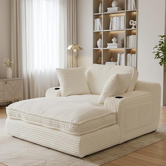 67" Oversized Fluffy Sleeper Chair Indoor, Cozy Cloud Couch with Cup Holders & Throw Pillows, Boneless Chaise Lounge Sofa for Living Room, Movie Room and Apartments, Beige
