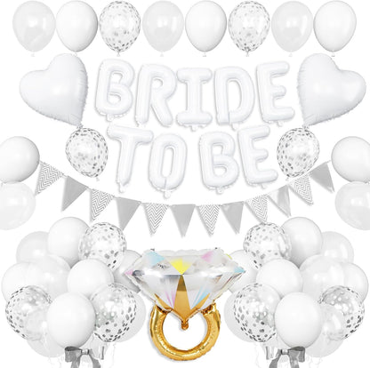 White Bachelorette Party Decorations, White Bride To Be Bridal Shower Balloons Decorations, Silver Confetti Balloon with Diamond Ring Heart Balloon for Bachelorette Engagement Wedding