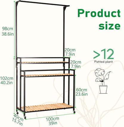 SEAdeerCH Multi-Functional Plant Stand ,Modern Rolling Plant Shelf Space-Conserve,Use Vintage Wood and Iron Frame, Robust Pine,Easy Assembly,for indoor/outdoor use in Living Spaces or Patio