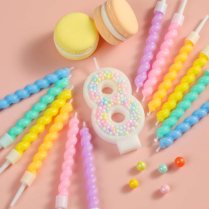 PHD CAKE Number 8 Birthday Candle Macaron Glitter Number Candle with Rainbow Spiral Candles in Holders for Cake Topper, Pastel Sweet Theme Party Decoration