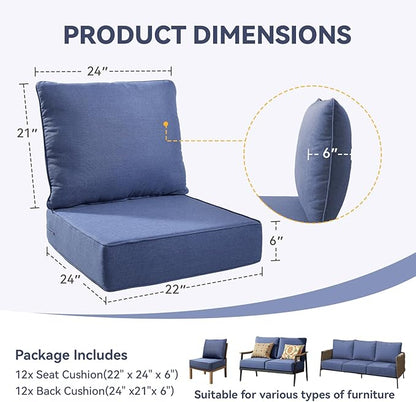 Outdoor Cushion Set for Furniture Patio Furniture, UV Resistant, Water Resistant - 6 Inch Thick Foam Garden Cushions – 22x24 Inch Patio Seat Covers for Chair/Sofa/Couch | Blue | 12-Pack |