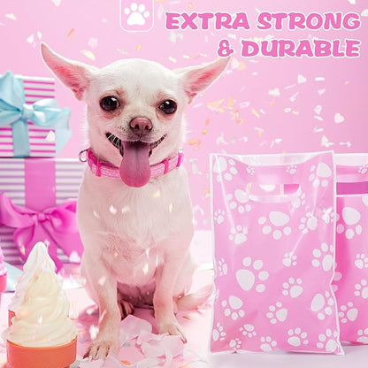 Pasimy 100 Pcs Dog Paw Gift Bags Bulk Pet Paw Puppy Plastic Treat Favor Candy Goodie Bags with Handle for Dog Birthday Party Decoration Supplies(Pink,White)