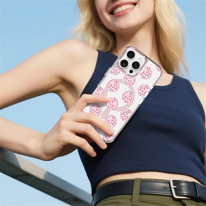 Case for iPhone 16 Pro Max,[Compatible with MagSafe],Disco Balls Pink Phone Case Design，for Women Girls Magnetic Clear Cover - Slim, Sleek, & Shockproof Protection