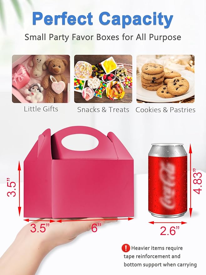 Shallive 25 Pcs Small Party Treat Boxes, 6 Inch Candy Cookie Goodie Gift Bags Gable Box for Kids Birthday Party, Pink